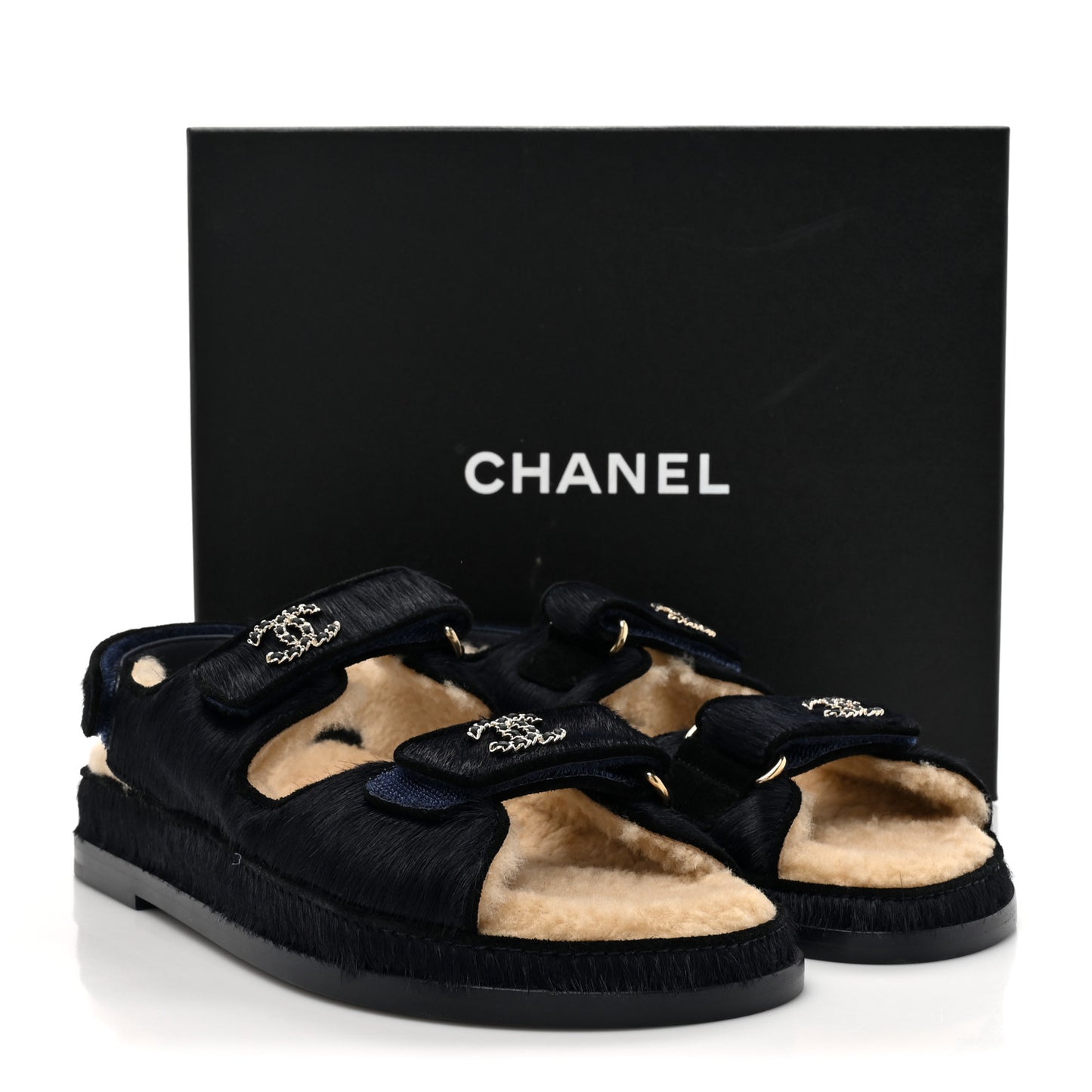 Calfskin Hair Suede Shearling Dad Sandals 37.5 Navy Black