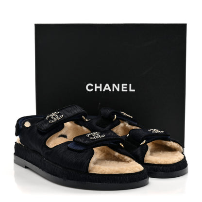 Chanel Calfskin Hair Suede Shearling Dad Sandals 37.5 Navy Black 9 of 9