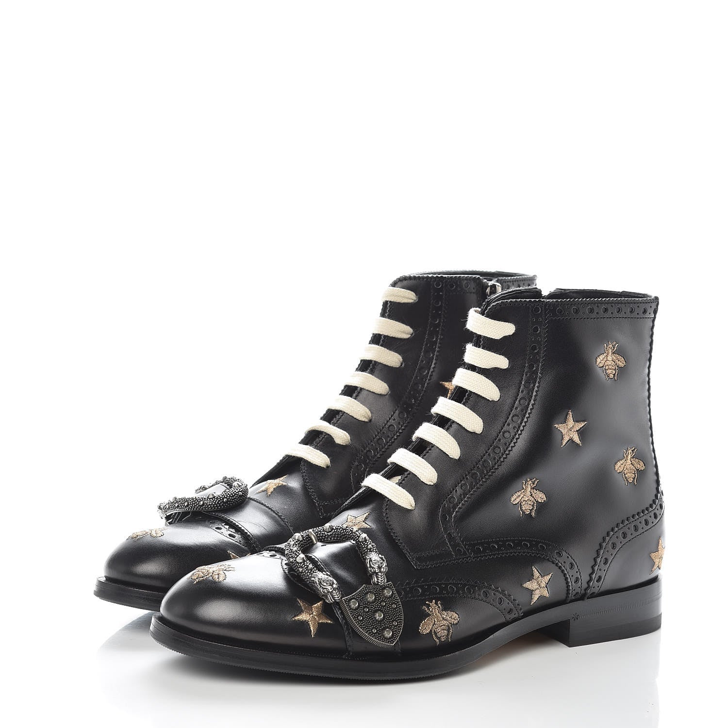 Gucci Calfskin Bee Star Embroidered Mens Queercore Brogue Wingtip Boots 7.5 Black 3 of 9