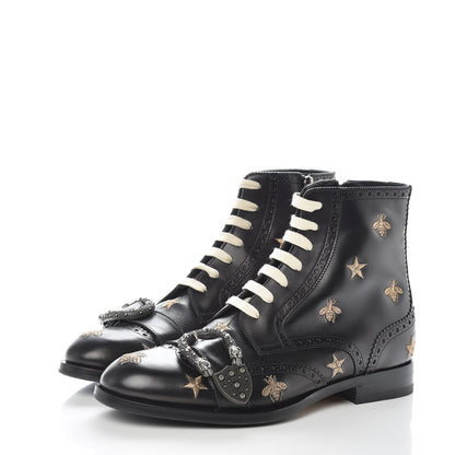 Gucci Calfskin Bee Star Embroidered Mens Queercore Brogue Wingtip Boots 7.5 Black 3 of 9