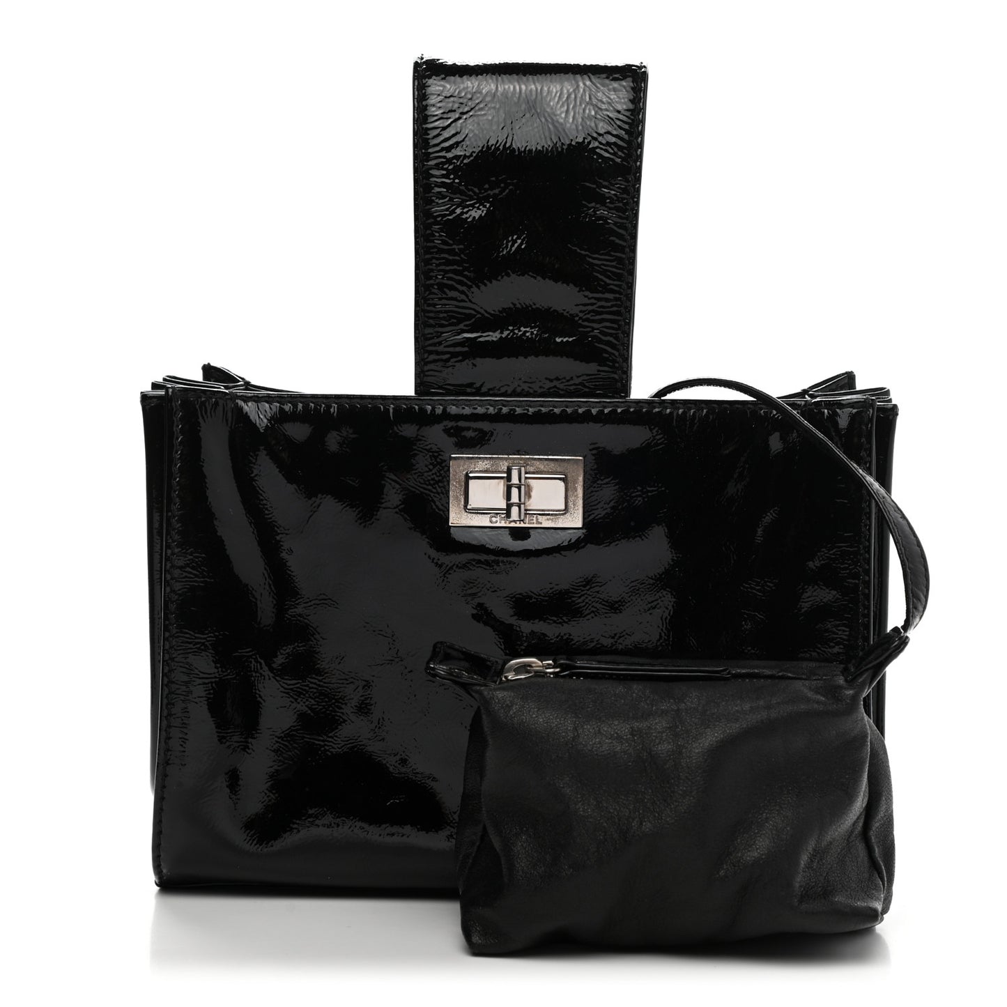 Patent Mademoiselle Lock Convertible Wrist Clutch Bag Black