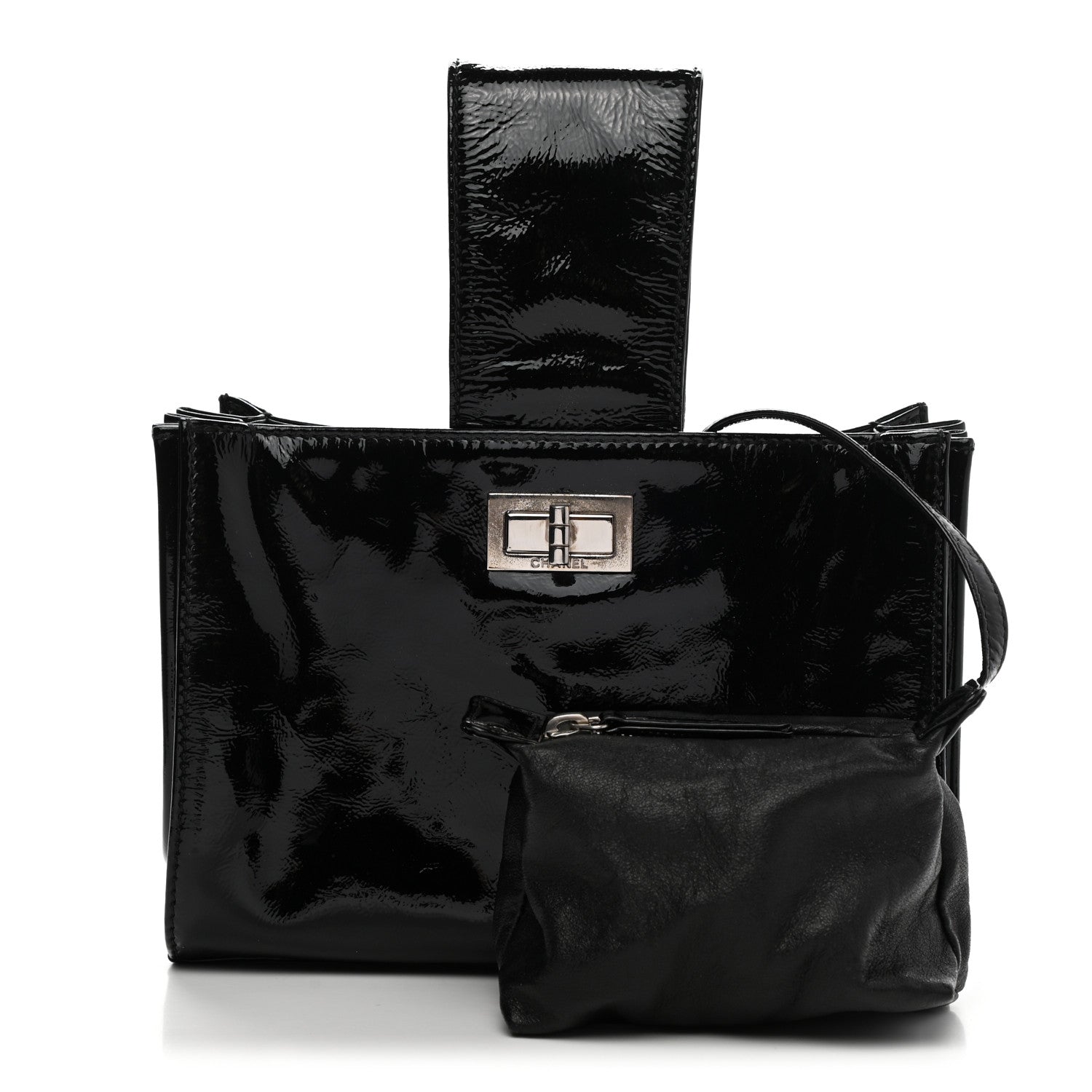 Chanel Patent Mademoiselle Lock Convertible Wrist Clutch Bag Black 1 of 8
