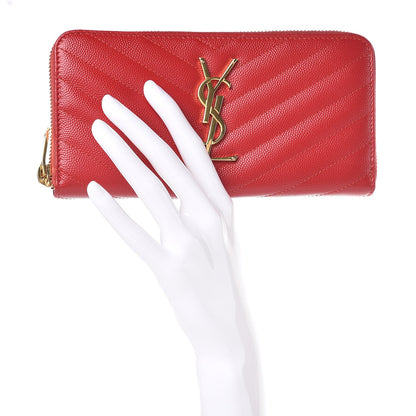 Saint Laurent Grain De Poudre Matelasse Chevron Monogram Zip Around Wallet Red 2 of 6