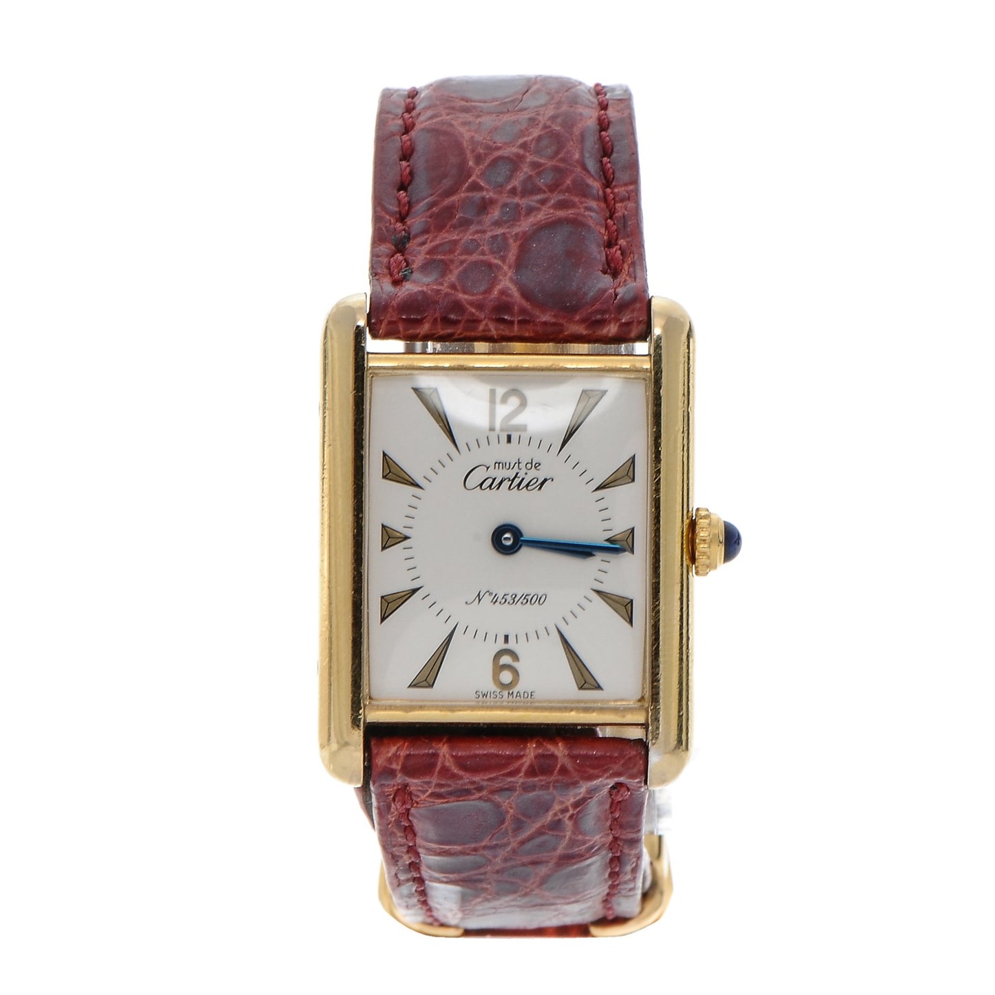 Sterling Silver Vermeil Alligator 20mm Must de Cartier Tank Quartz Watch Red