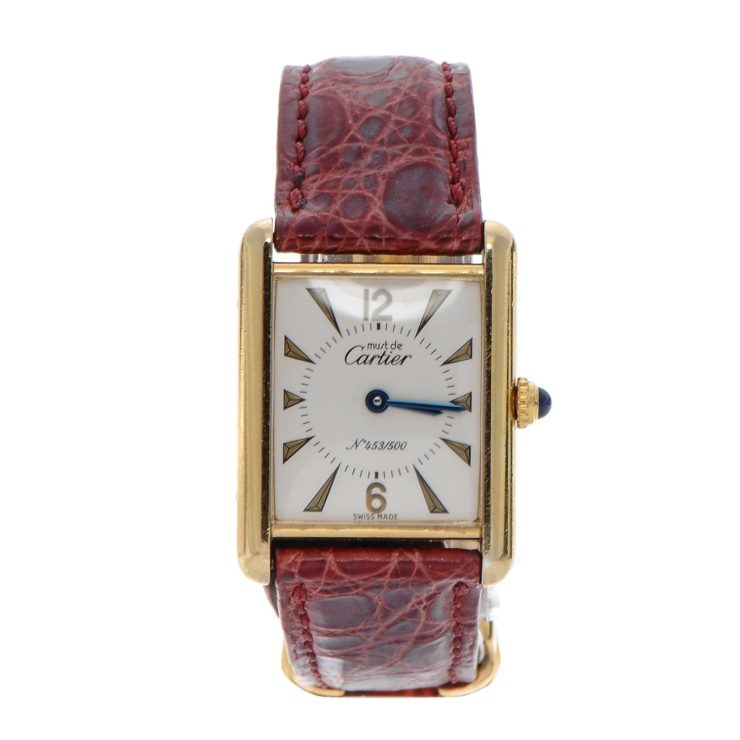 Cartier Sterling Silver Vermeil Alligator 20mm Must de Cartier Tank Quartz Watch Red 1 of 11