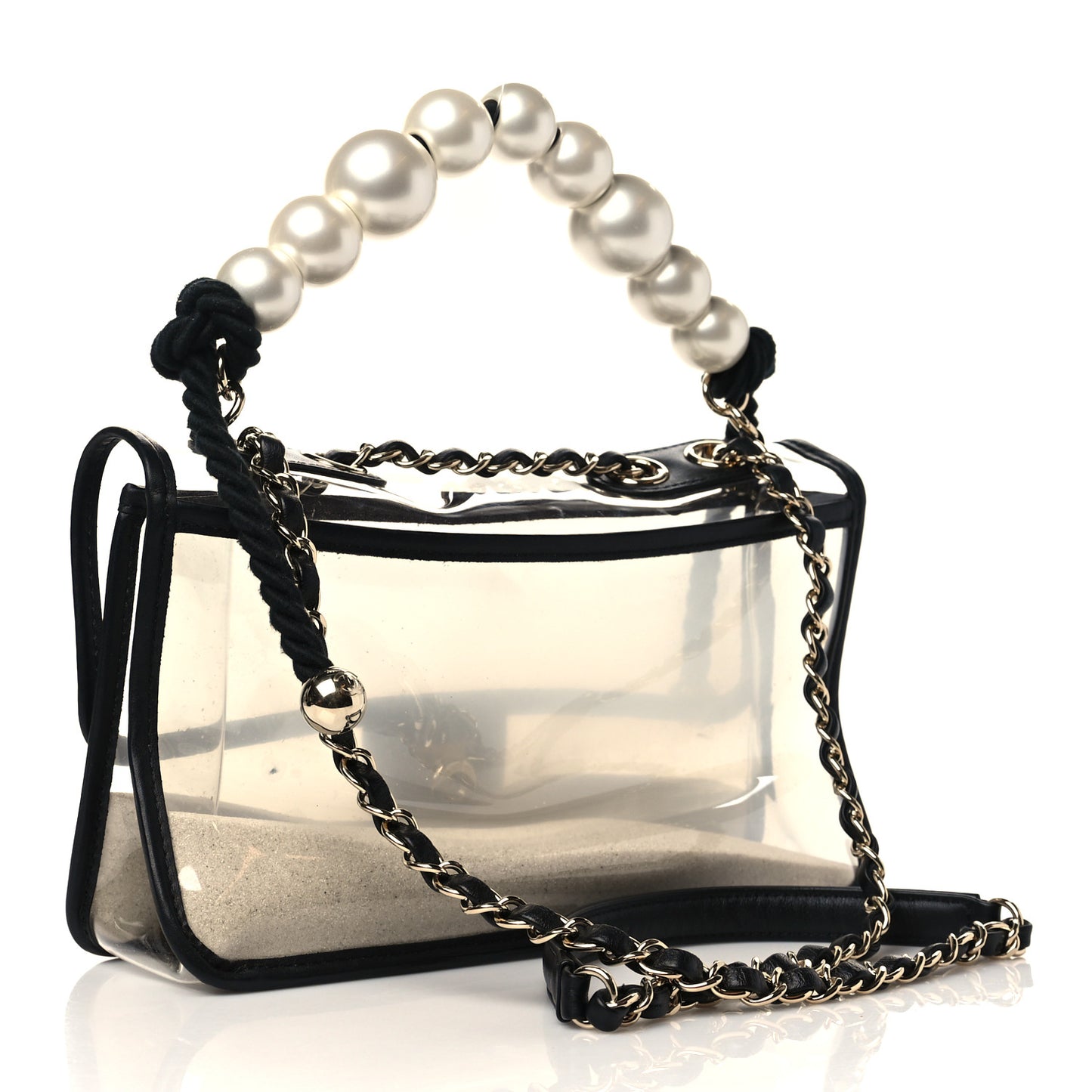 Lambskin PVC Sand By The Sea Flap With Pearl Strap Black