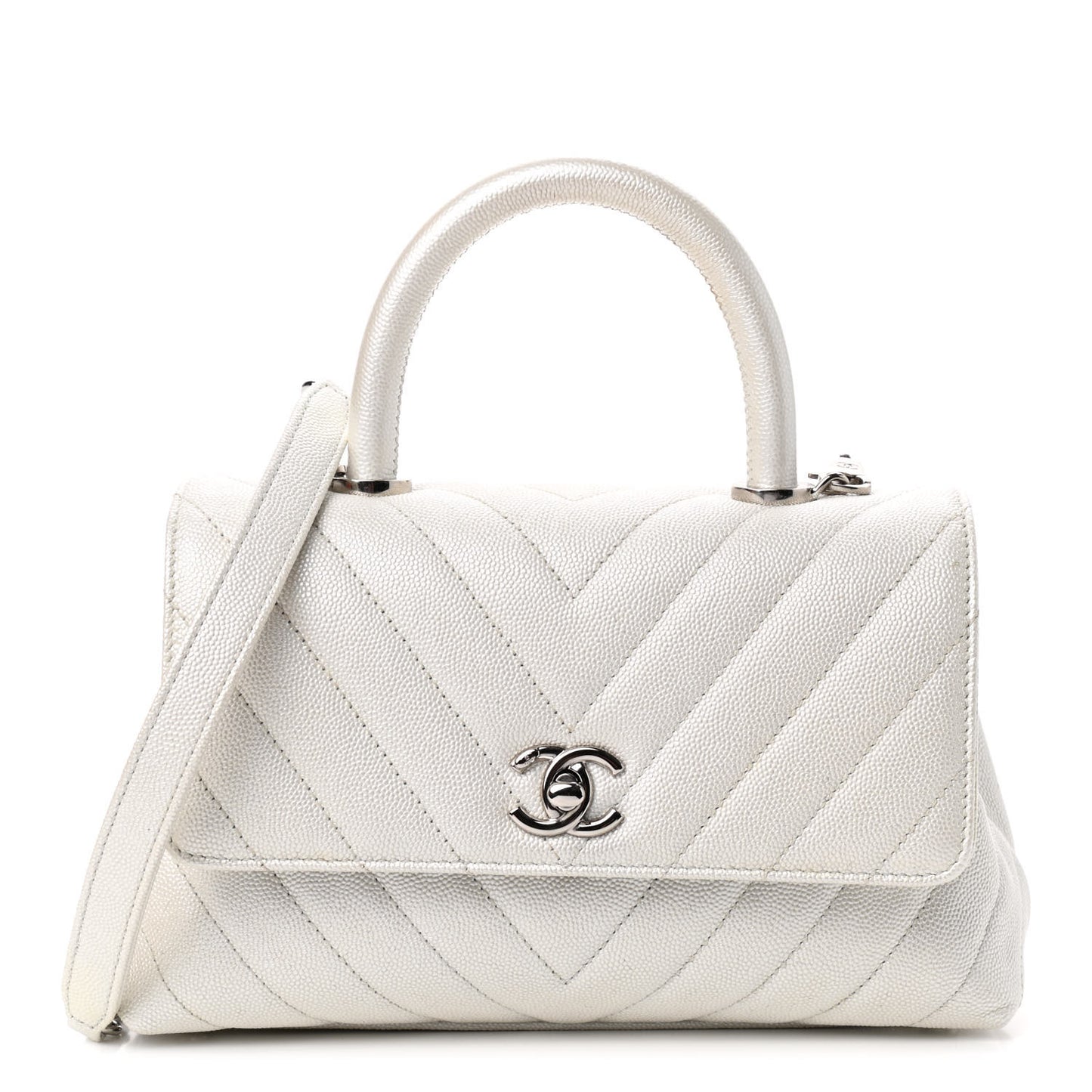 Iridescent Caviar Chevron Quilted Mini Coco Handle Flap White
