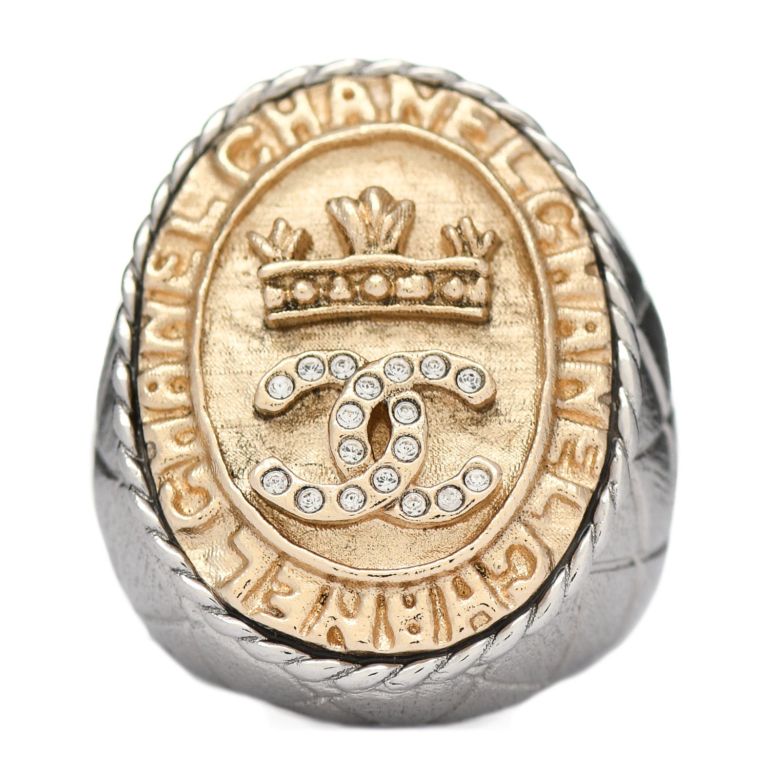 Chanel Crystal CC Crown Signet Ring 5.5 Gold 1 of 5