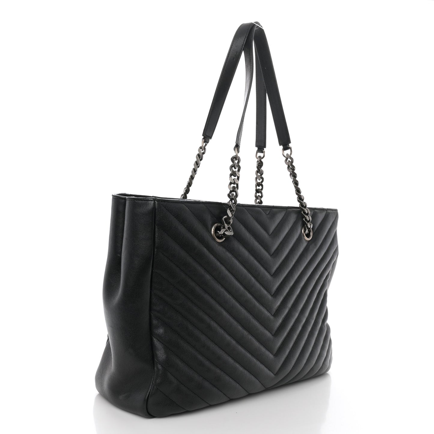 Sheepskin Matelasse Chevron Large Monogram Shopping Bag Black