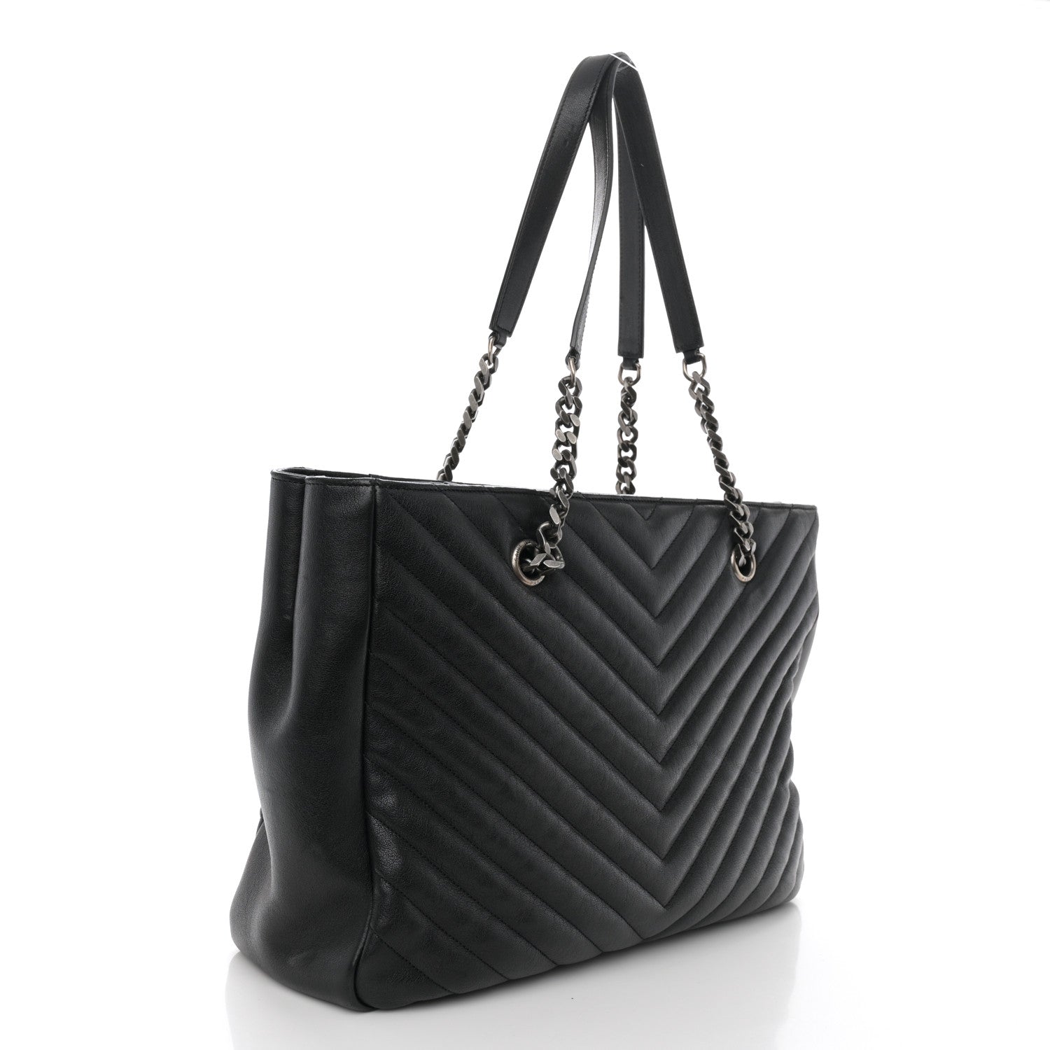 Saint Laurent Sheepskin Matelasse Chevron Large Monogram Shopping Bag Black 3 of 9