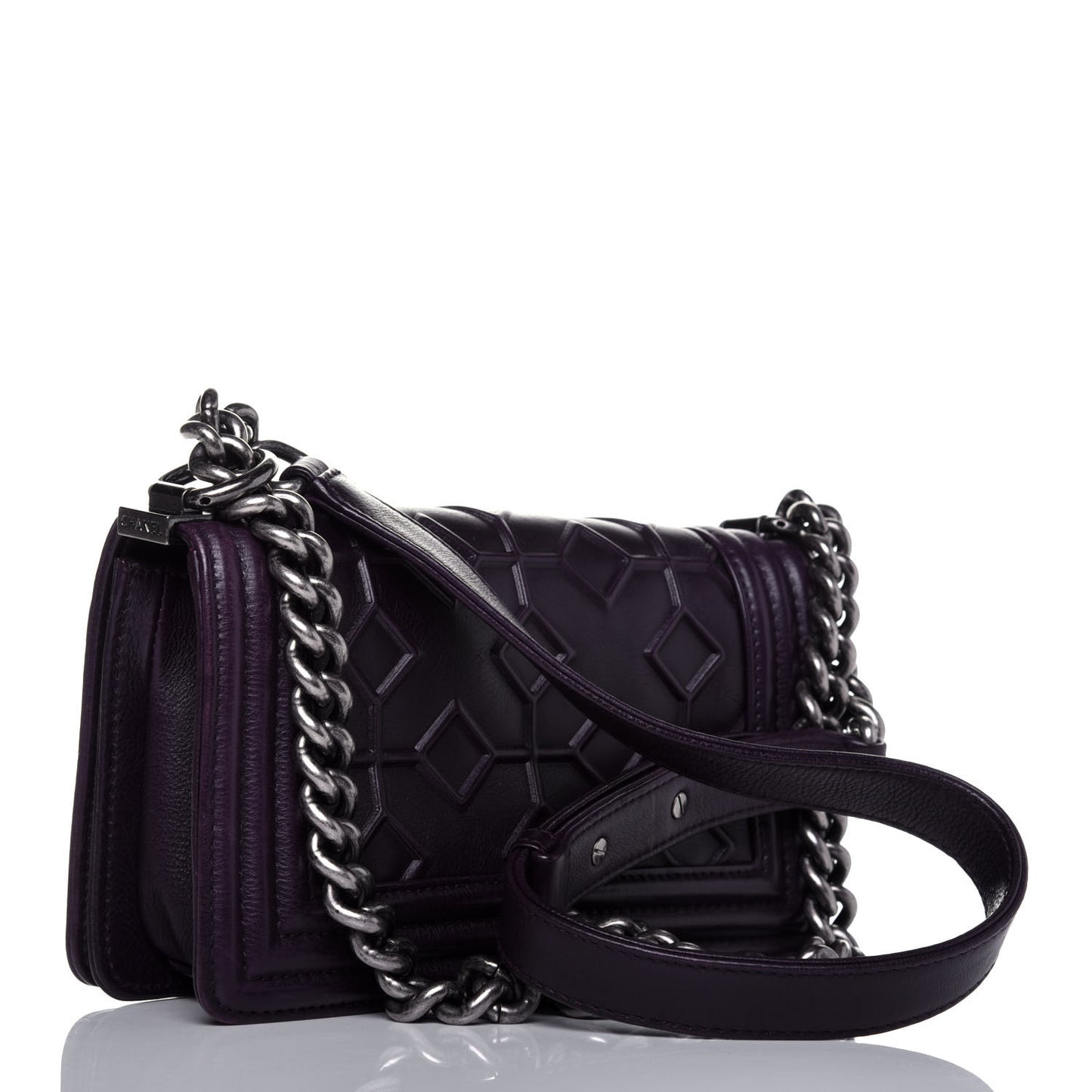 Calfskin Crystal Embossed Small Boy Flap Plum