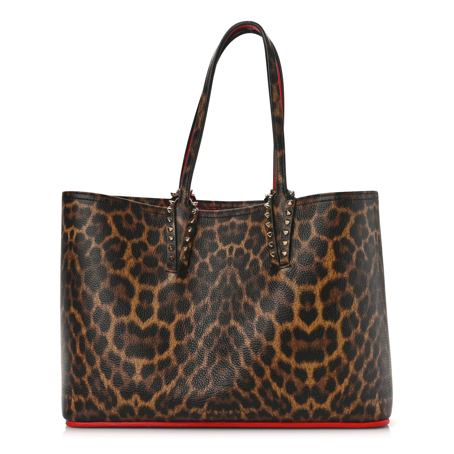 Christian Louboutin Calfskin Leopard Print Spikes East West Cabata Tote Brown 3 of 10