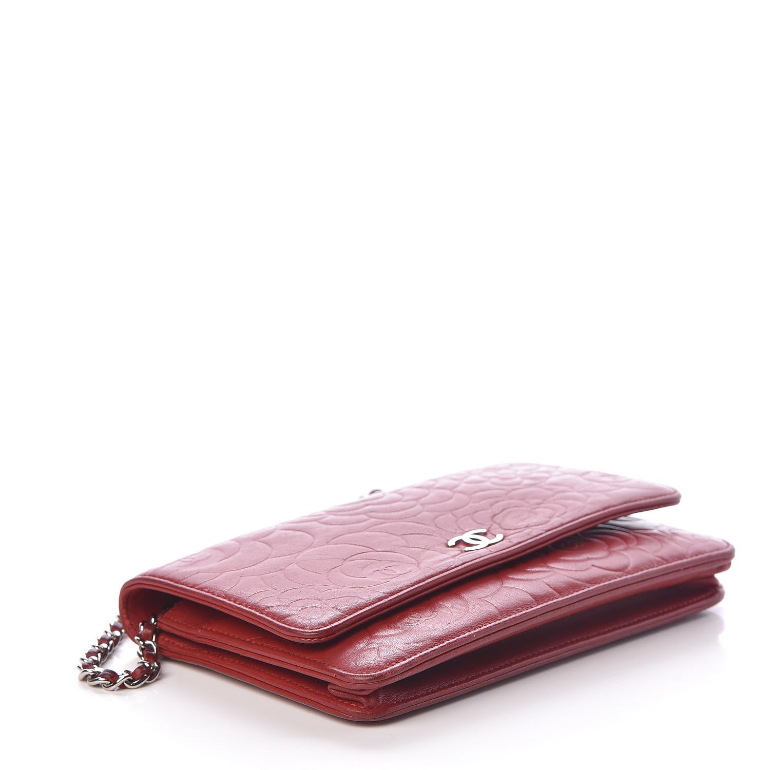 Chanel Lambskin Camellia Embossed Wallet On Chain WOC Dark Red 4 of 14