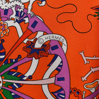 Hermes Silk La Folle Parade Scarf 90 Orange White Mauve 5 of 6