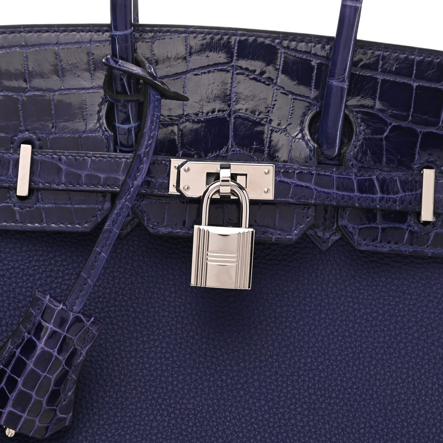 Taurillon Novillo Shiny Niloticus Crocodile Birkin Touch 25 Bleu Encre