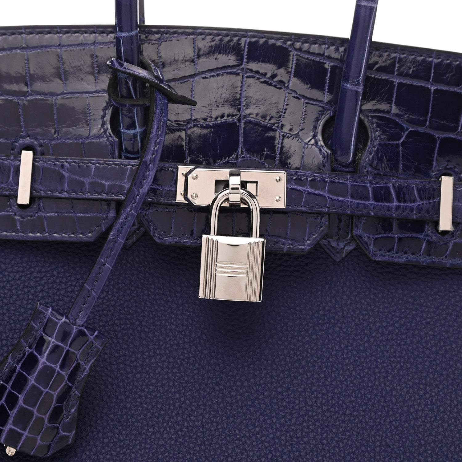 Hermes Taurillon Novillo Shiny Niloticus Crocodile Birkin Touch 25 Bleu Encre 7 of 10