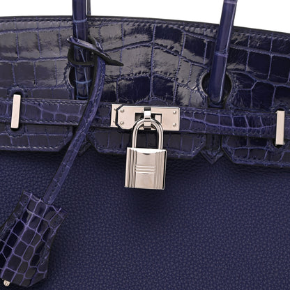 Hermes Taurillon Novillo Shiny Niloticus Crocodile Birkin Touch 25 Bleu Encre 7 of 10