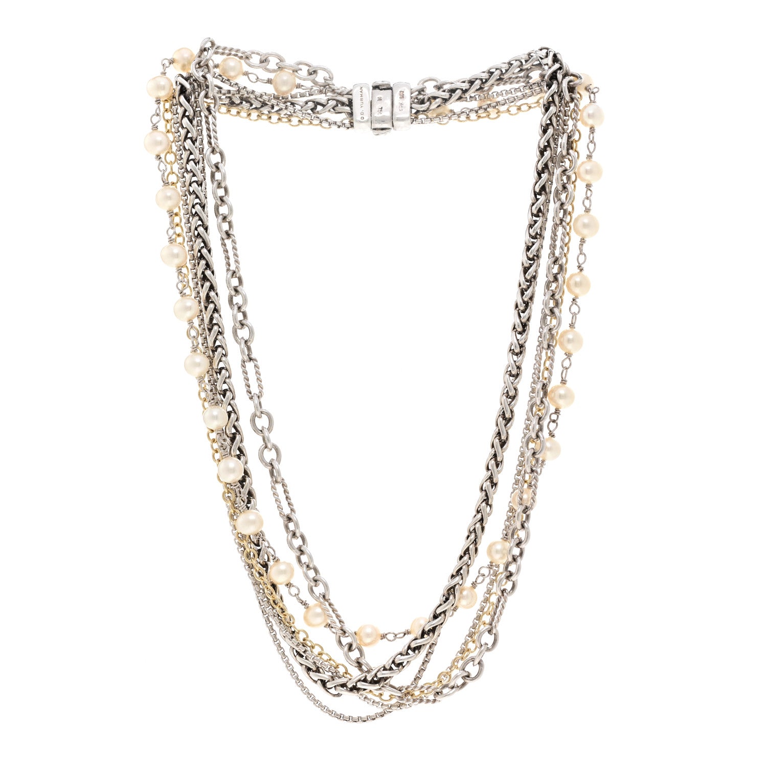 David Yurman Sterling Silver 18K Yellow Gold Pearl Multi Chain Necklace 3 of 5