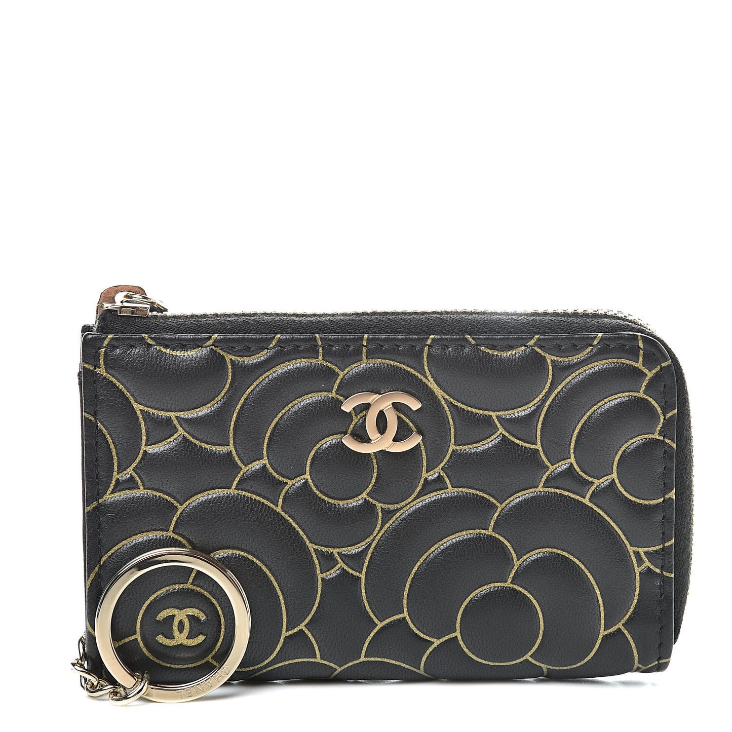 Lambskin Camellia Embossed Key Holder Case Black Gold