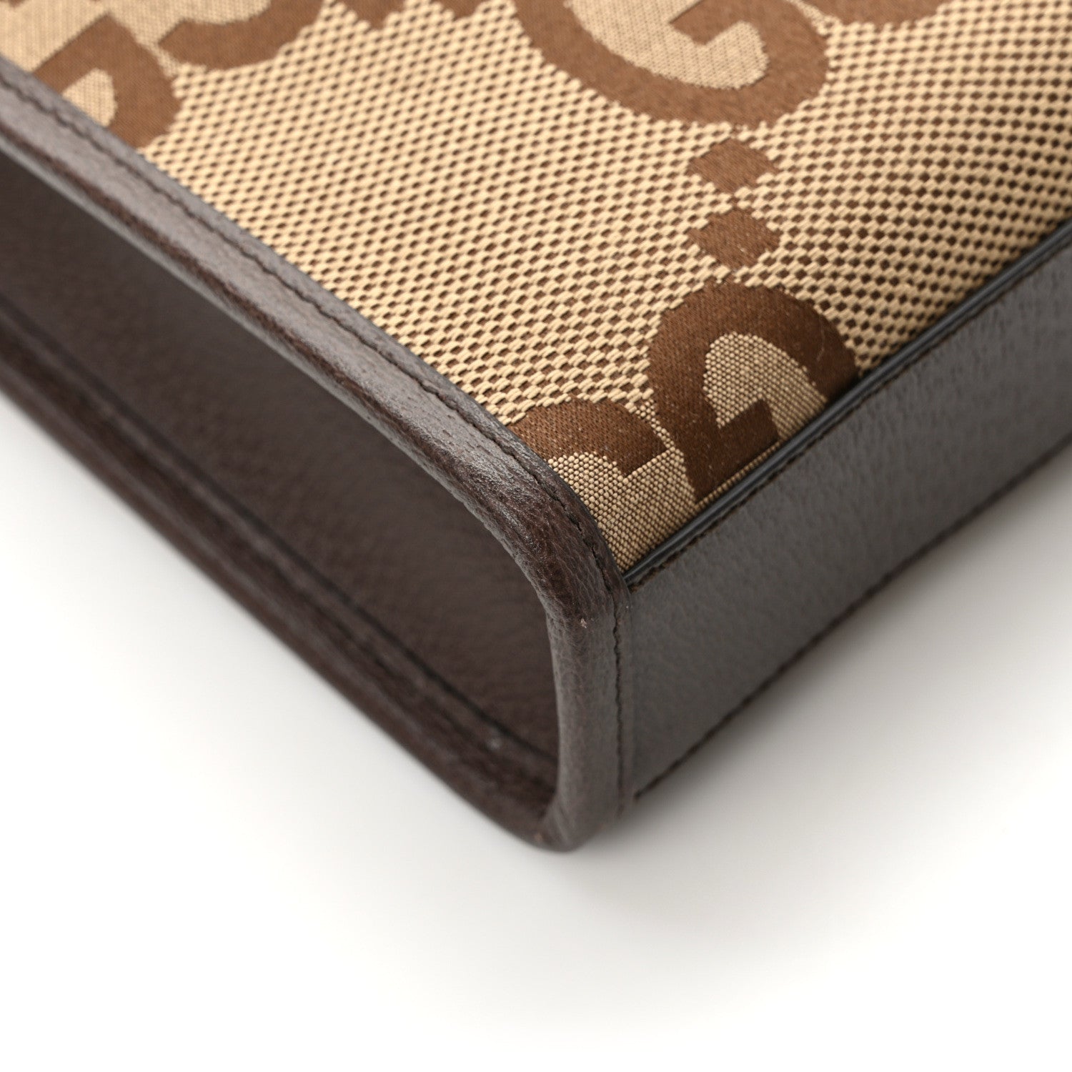 Gucci Monogram Jumbo GG Textured Dollar Calfskin Web Mini Vertical Tote Camel Ebony New Acero 9 of 10