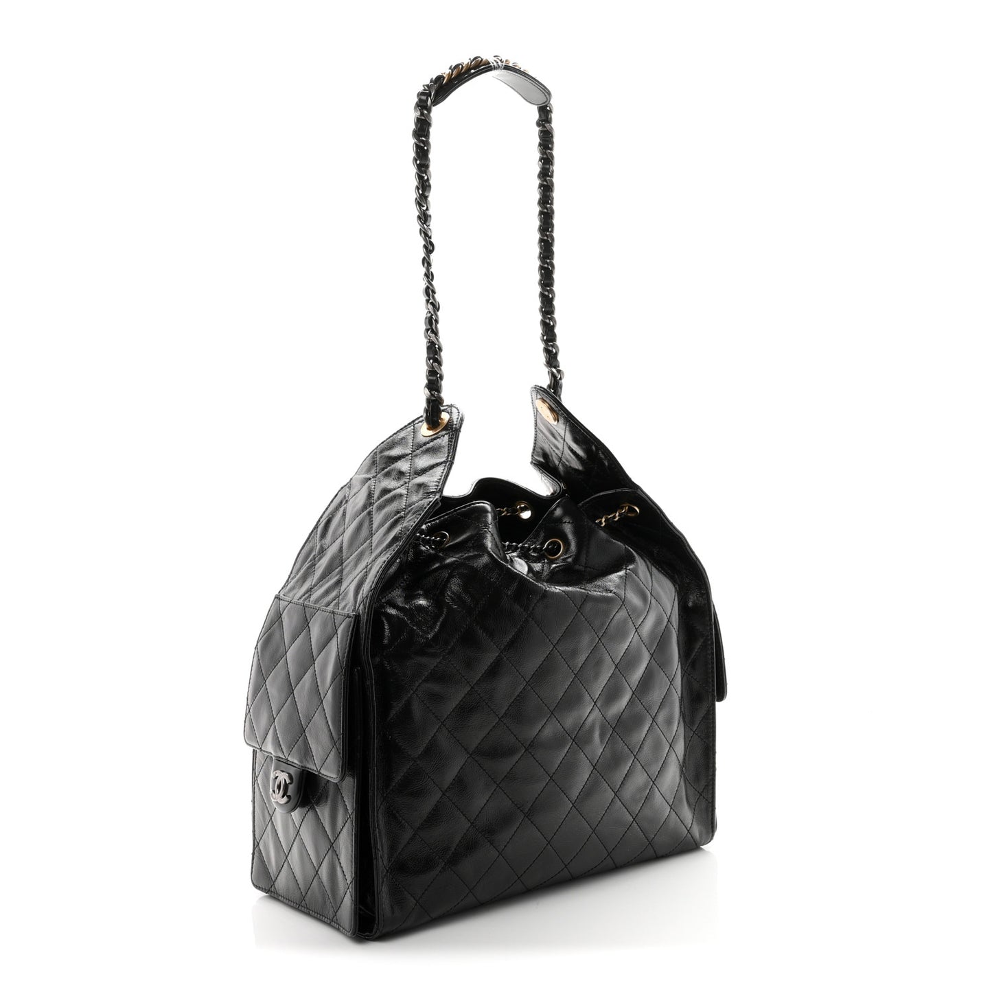 Shiny Crumpled Calfskin Quilted Medium Chanel 25 Handbag Black