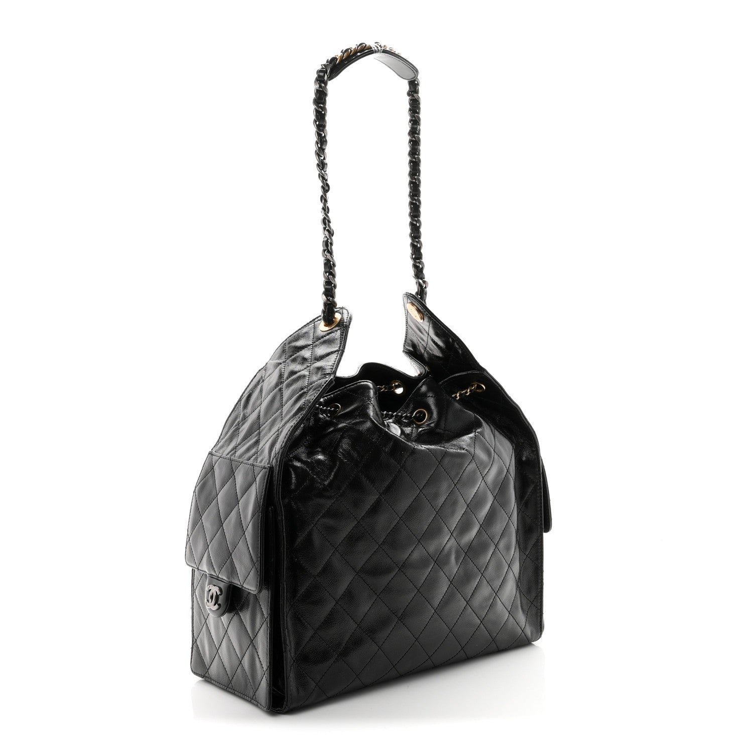 Chanel Shiny Crumpled Calfskin Quilted Medium Chanel 25 Handbag Black 4 of 11