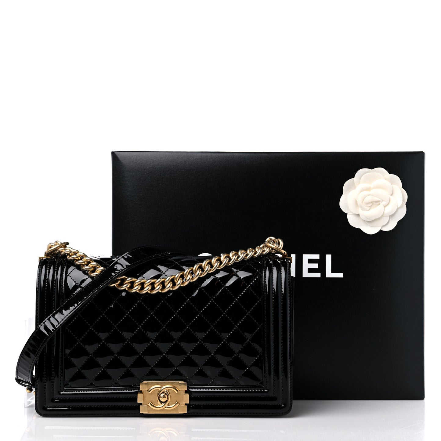 Patent Calfskin Quilted New Medium Boy Flap Black