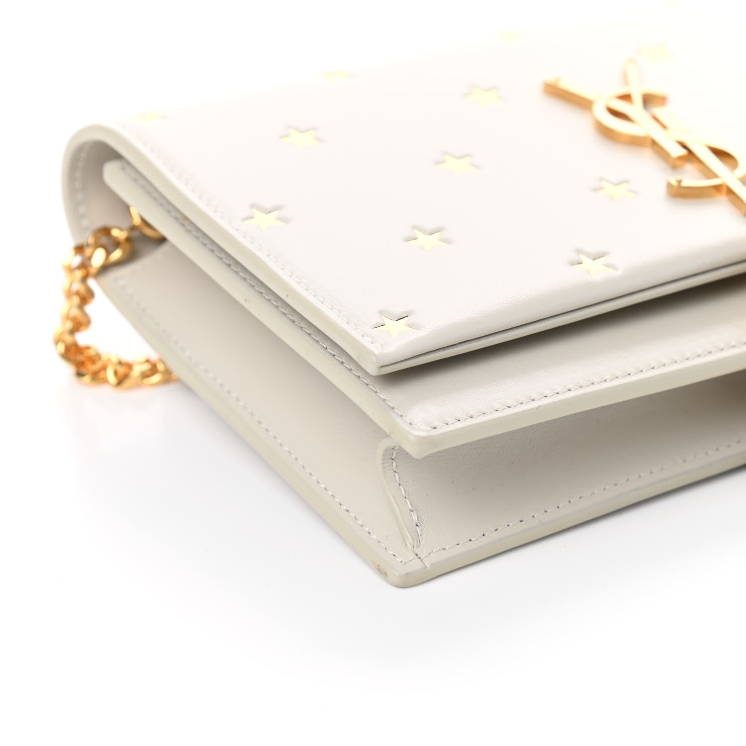 Saint Laurent Calfskin Star Print Monogram Kate Tassel Chain Wallet White Gold 8 of 9