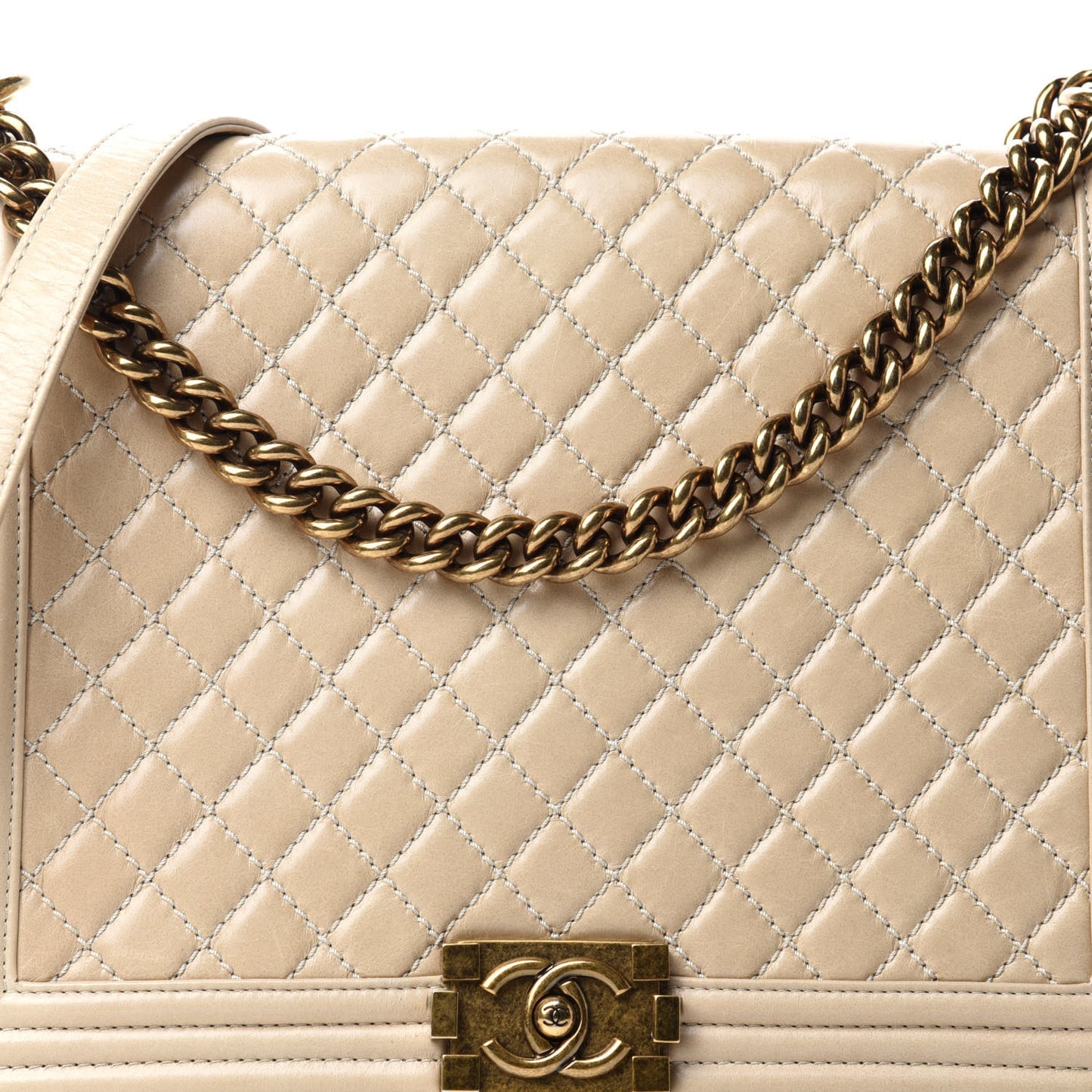 Glazed Calfskin Quilted Large Boy Flap Beige