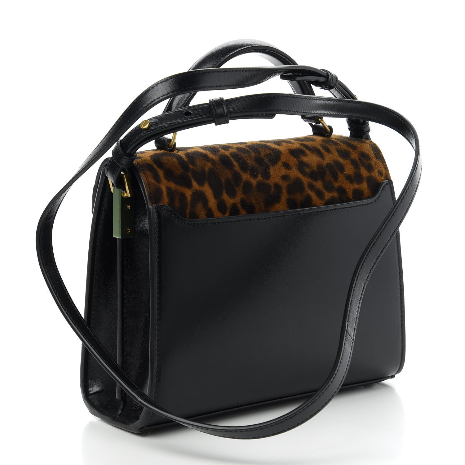 Saint Laurent Suede Leopard Print Mini Classic Monogram Cassandra Top Handle Manto Naturale Black 3 of 10