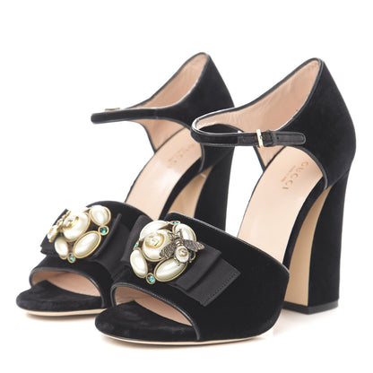 Gucci Velvet Pearl Bee Embellished Sandals 40 Black 3 of 8