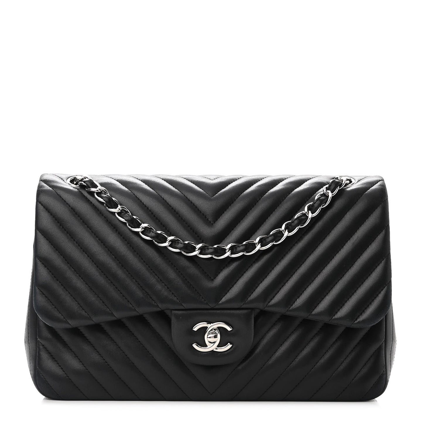 Lambskin Chevron Quilted Jumbo Double Flap Black