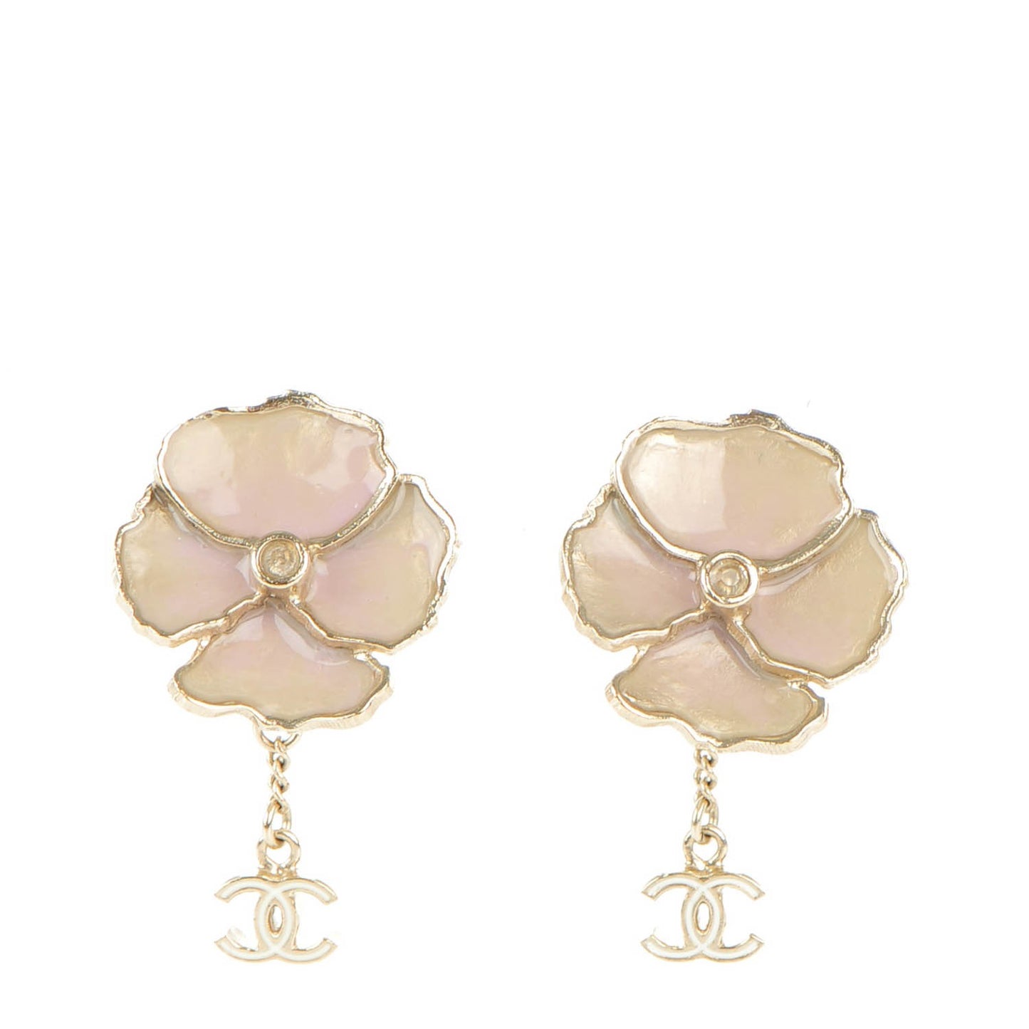 Enamel Crystal CC Camellia Drop Clip On Earrings Pink Gold
