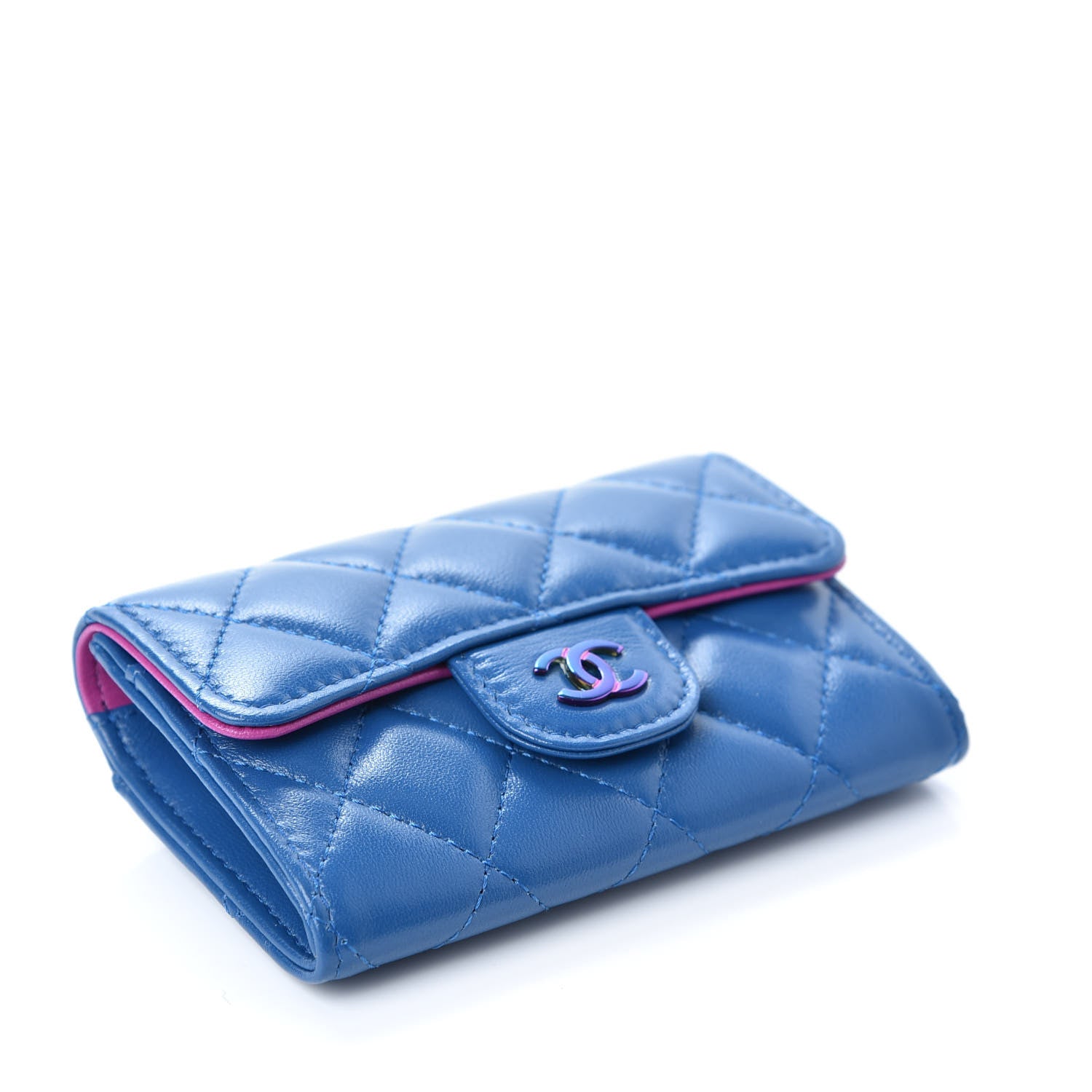 Chanel Lambskin Quilted Flap Card Holder Wallet Blue Pink 4 of 9