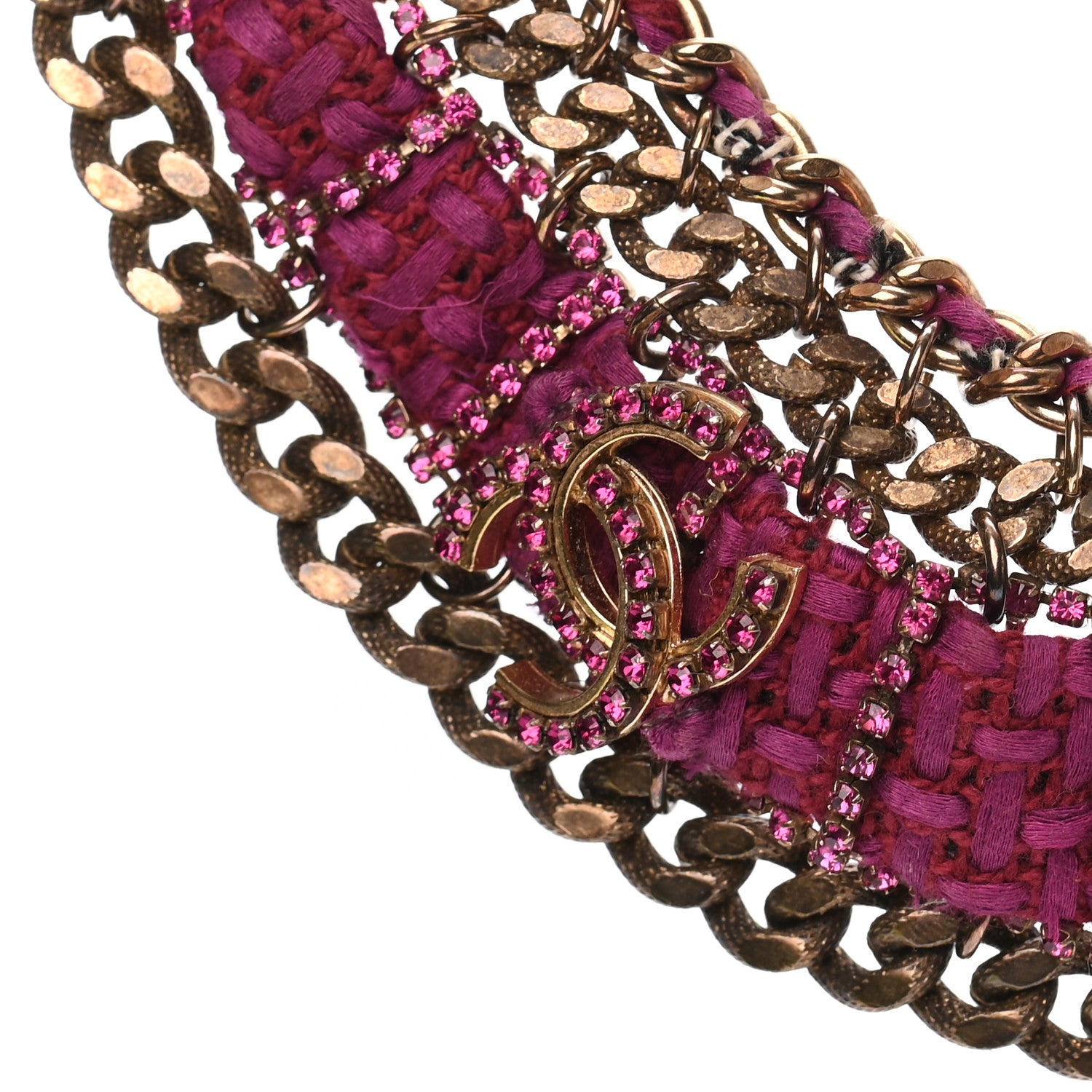 Chanel Wool Tweed Crystal Chainlink Bib Necklace Fuchsia Gold 4 of 6