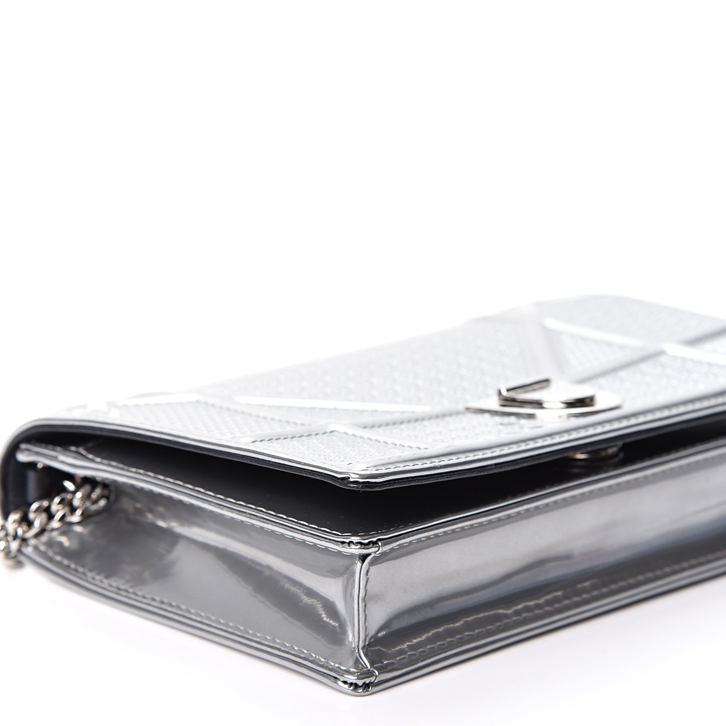 Metallic Patent Micro-Cannage Diorama Wallet on Chain Pouch Silver