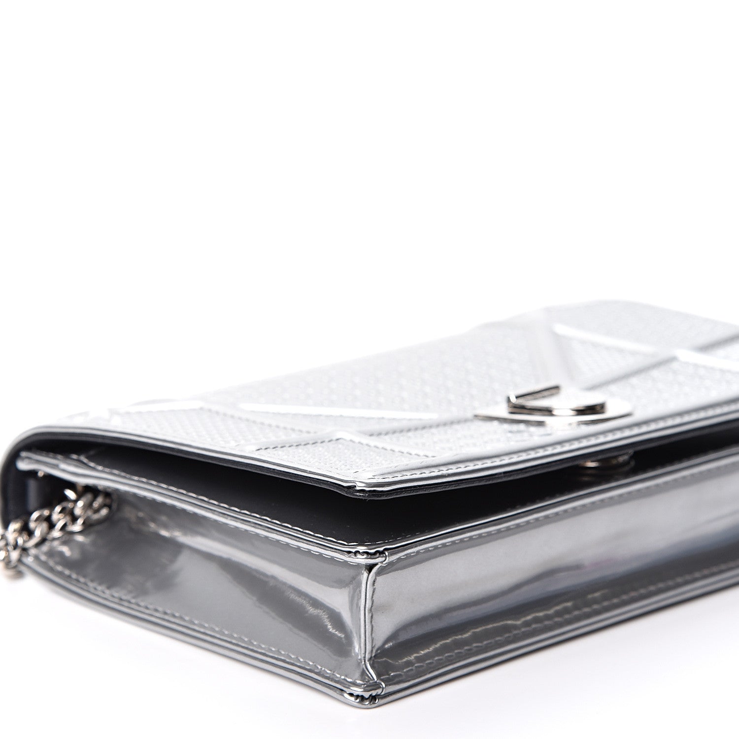 Christian Dior Metallic Patent Micro-Cannage Diorama Wallet on Chain Pouch Silver 7 of 8