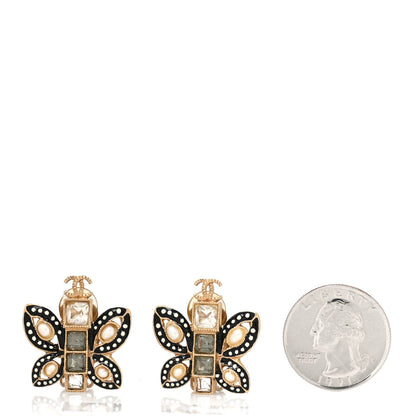 Chanel Crystal Pearl CC Butterfly Clip On Earrings Gold 2 of 5