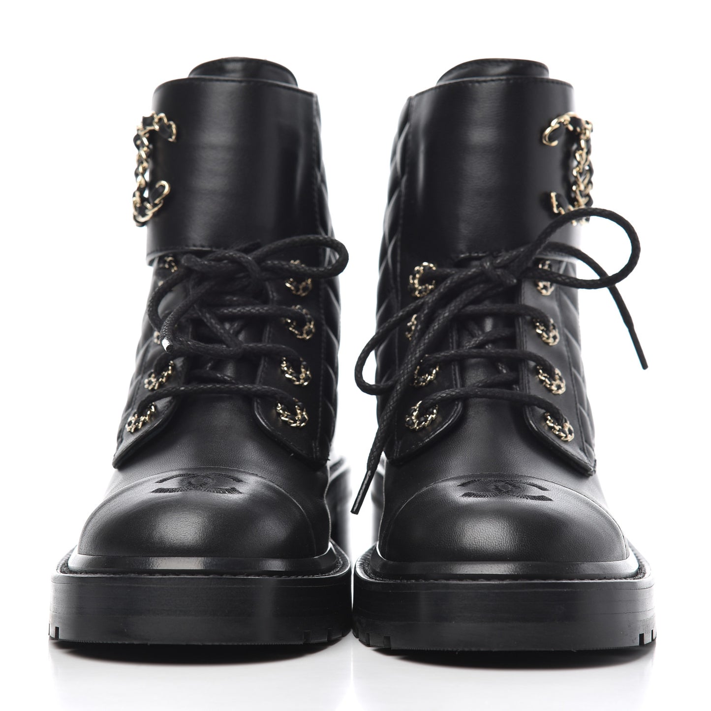Shiny Lambskin Quilted Lace Up Combat Boots 38 Black