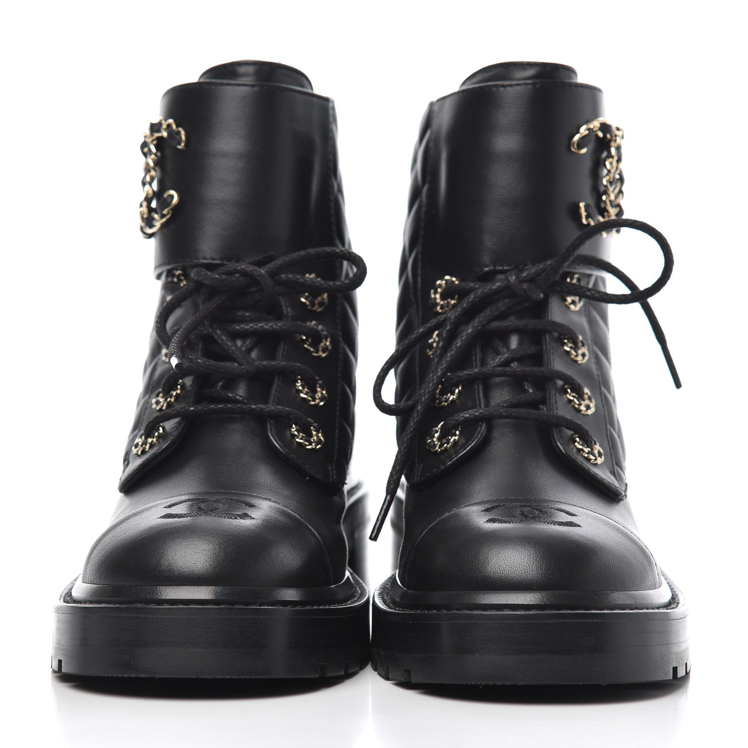 Chanel Shiny Lambskin Quilted Lace Up Combat Boots 38 Black 2 of 11