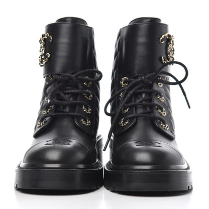 Chanel Shiny Lambskin Quilted Lace Up Combat Boots 38 Black 2 of 11