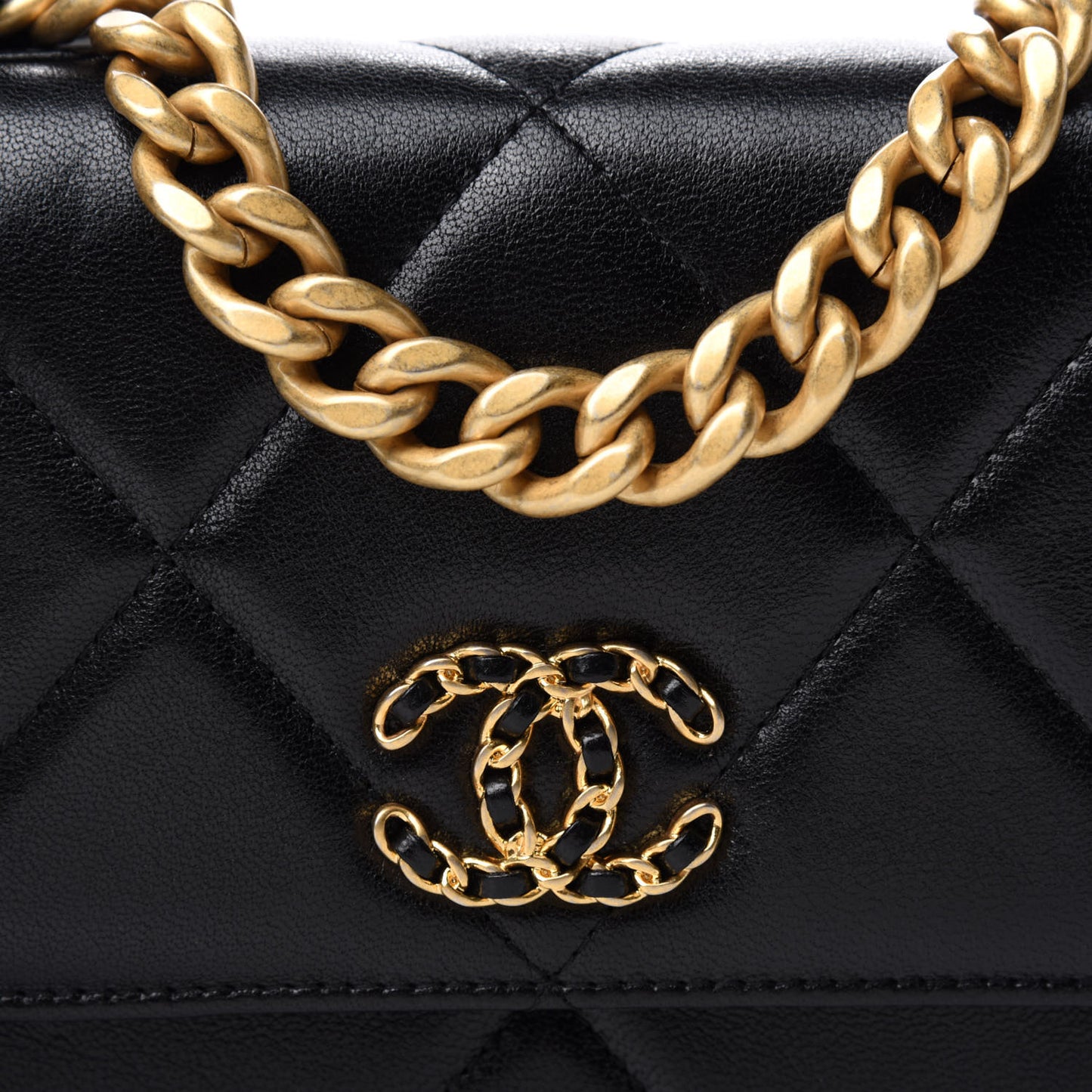 Shiny Goatskin Quilted Chanel 19 Wallet On Chain WOC Black