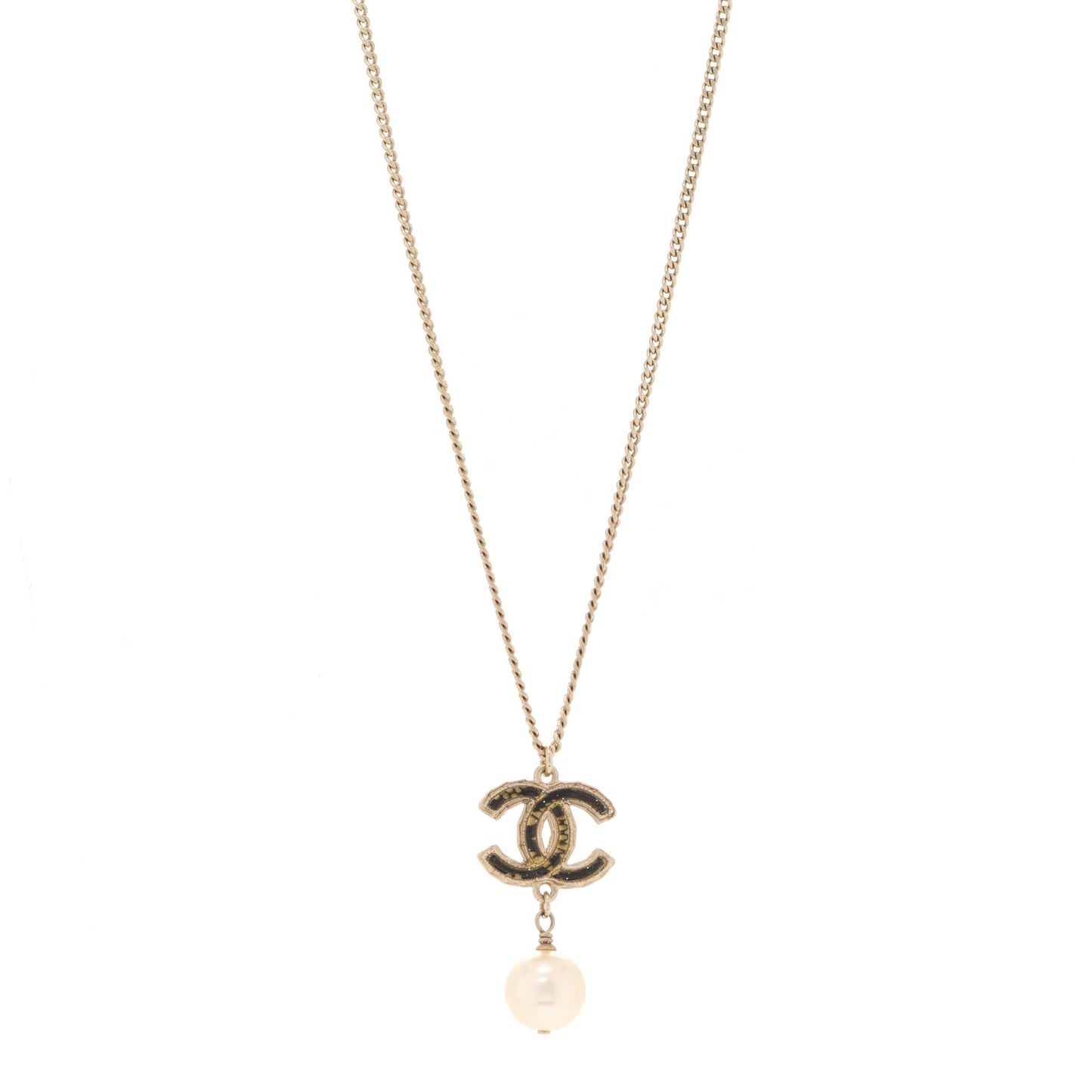 Enamel Pearl CC Baroque Drop Necklace Black Gold