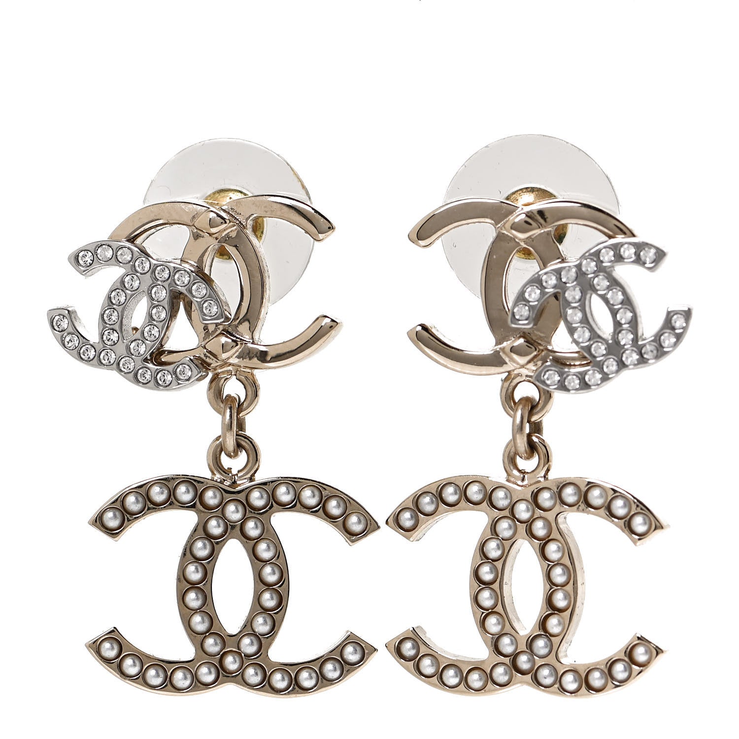 Chanel Crystal Pearl Double CC Drop Earrings Gold Silver 1 of 6