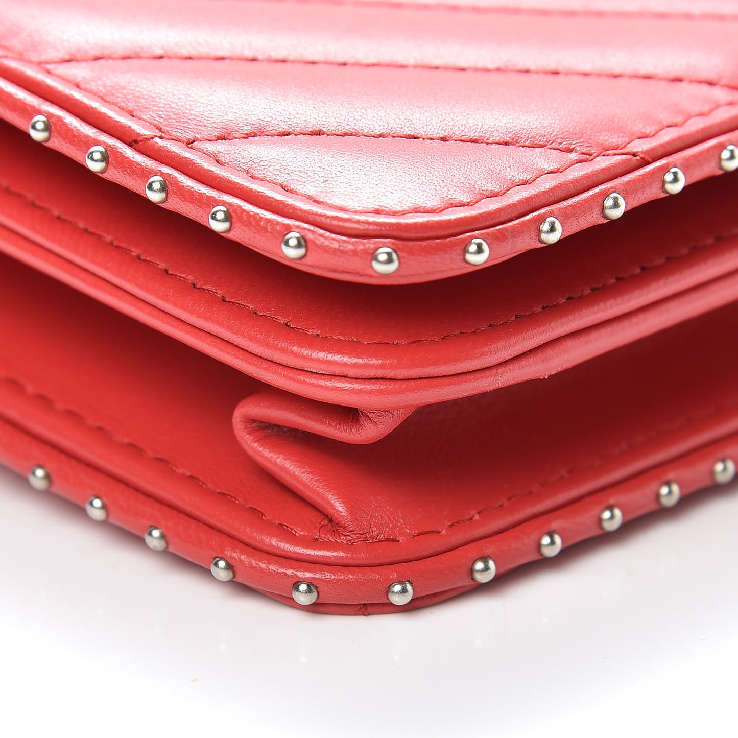 Lambskin Chevron Quilted Studded Wallet On Chain WOC Light Red