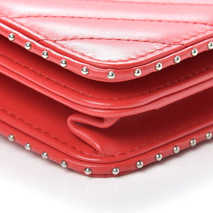 Chanel Lambskin Chevron Quilted Studded Wallet On Chain WOC Light Red 10 of 15