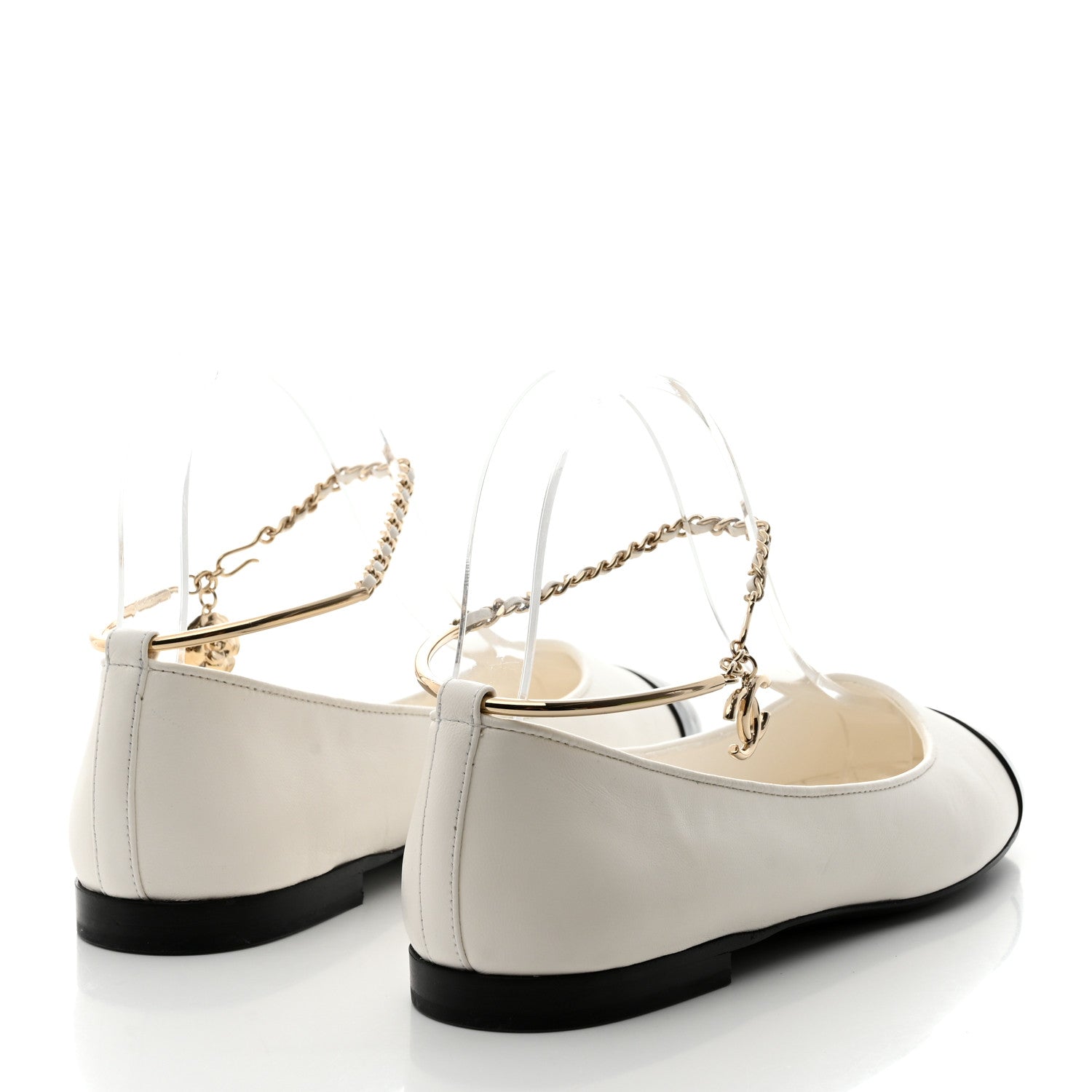 Chanel Lambskin Patent Calfskin Cap Toe Ankle Chain Ballerina Flats 37 White Black 4 of 9