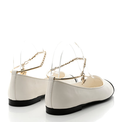 Chanel Lambskin Patent Calfskin Cap Toe Ankle Chain Ballerina Flats 37 White Black 4 of 9