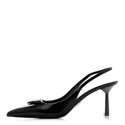 Prada Spazzolato Triangle Logo Pointed Toe 75mm Slingback Pumps 37 Black 1 of 11