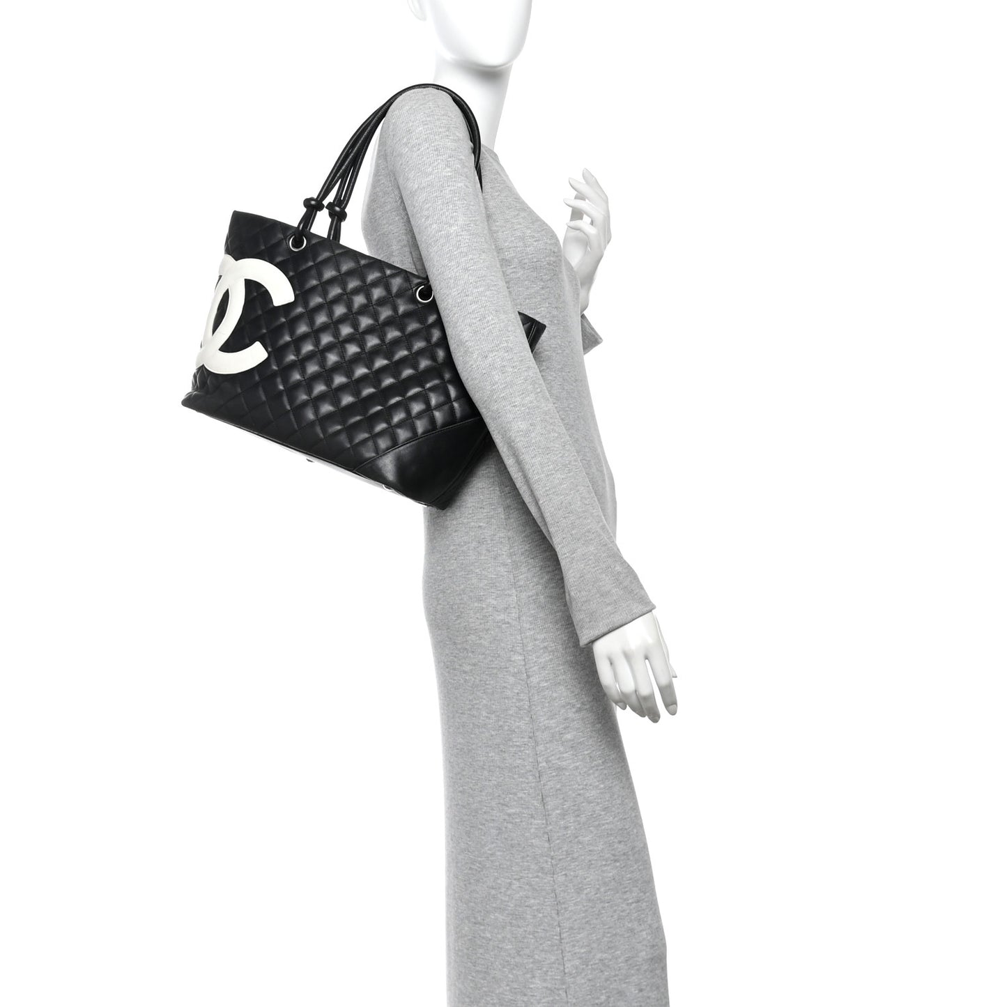 Calfskin Quilted Large Cambon Tote Black White Black White